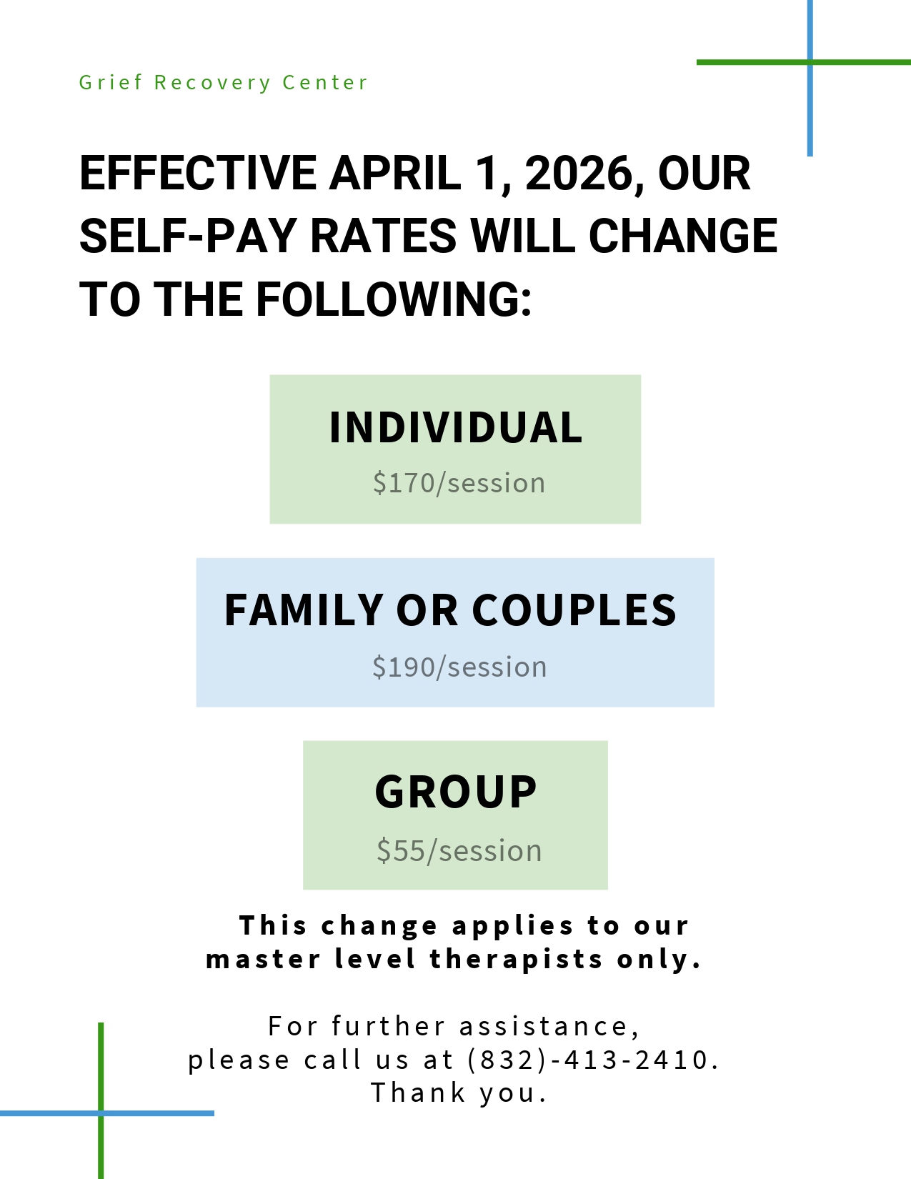 New self-pay rates effective April 1, 2026: Individual $170, Family or Couples $190, Group $55. Master level therapists only.