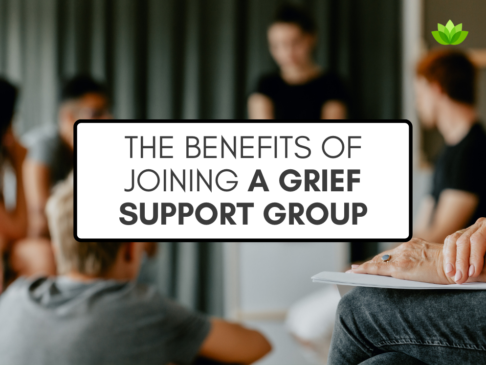 an out of focus picture of a therapy group, under the title "The Benefits of Joining a Grief Support Group"