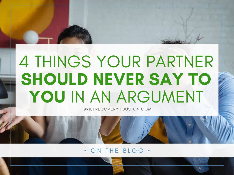 A graphic that reads "4 Things your partner should never say to you in an argument" over a stock photo of a distressed looking couple on a couch.
