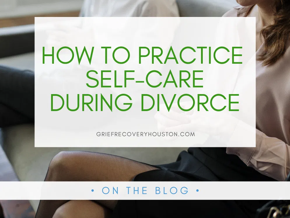 image of a couple sitting on opposite ends of a couch, hands in their respective laps, under a white block with green text that read How To Practice Self Care During Divorce