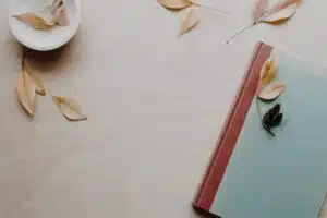 a light blue journal with a brown spine on a light wood background surrounded by leaves