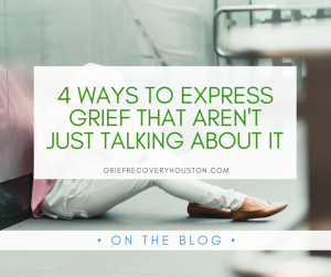 picture of a woman in a pink hijab sitting on the ground wit her head in her hands under a block of text that says "4 Ways to Express Grief that Aren't Just Talking About It"